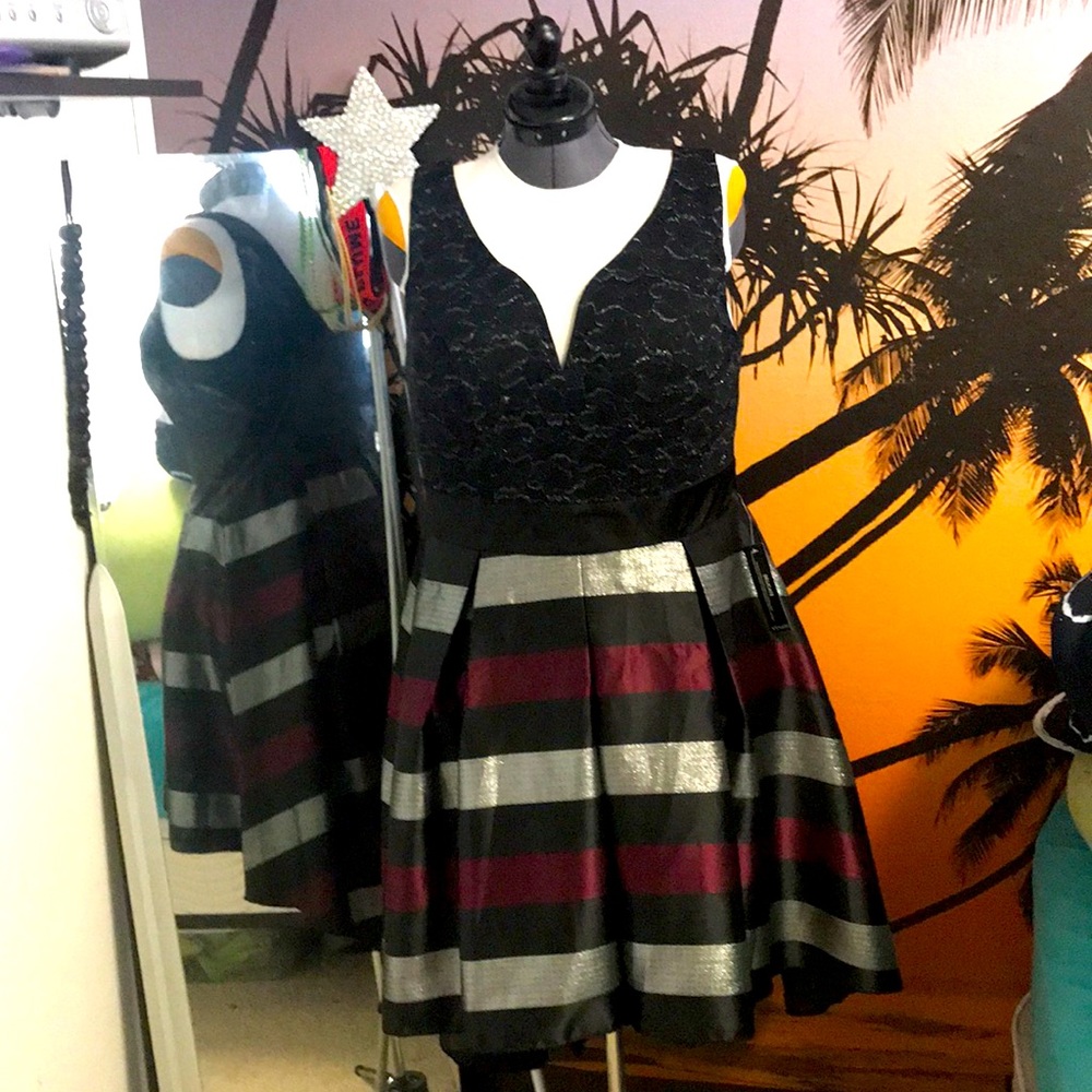 NWT Sleeveless hi-low black silver maroon dress